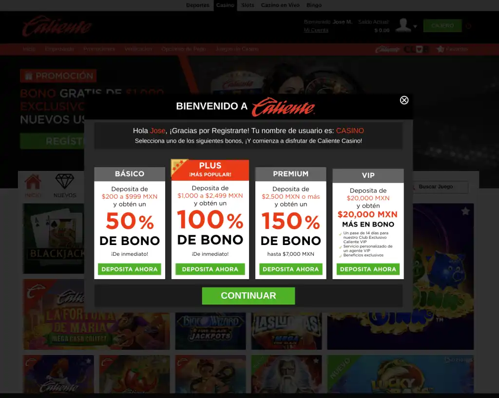 Bonos de bienvenida en Caliente Casino